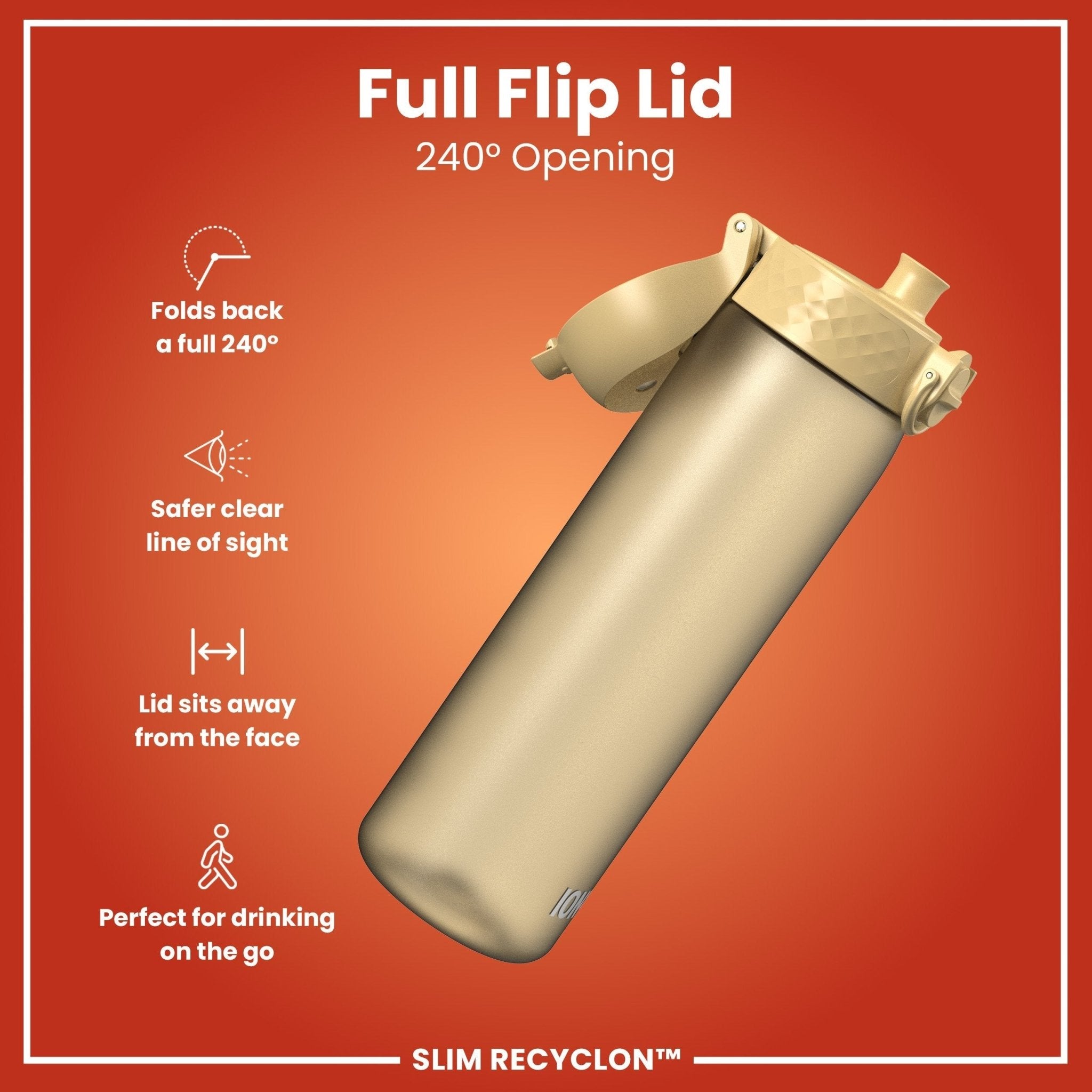 Ion8 leak-proof slim water bottle in desert color, 500ml, made from recyclable materials, shown with a sleek design and secure cap.