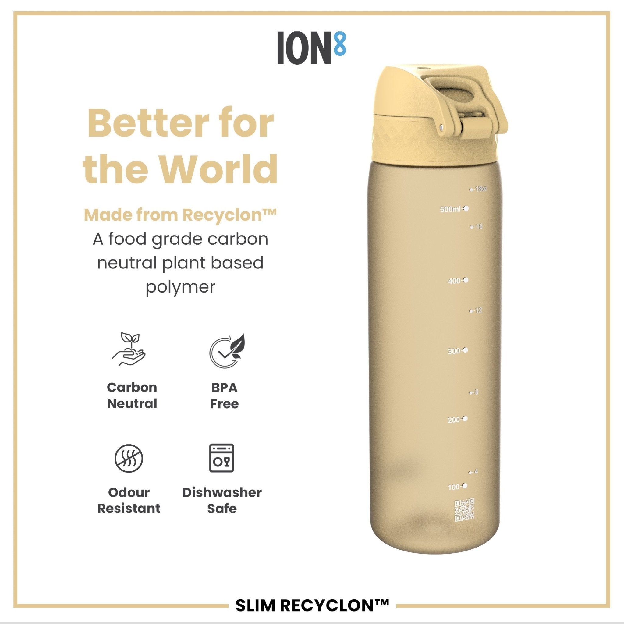 Recyclon ION8 leak-proof slim water bottle in desert color, 500ml (18oz), with a sleek design and secure lid.