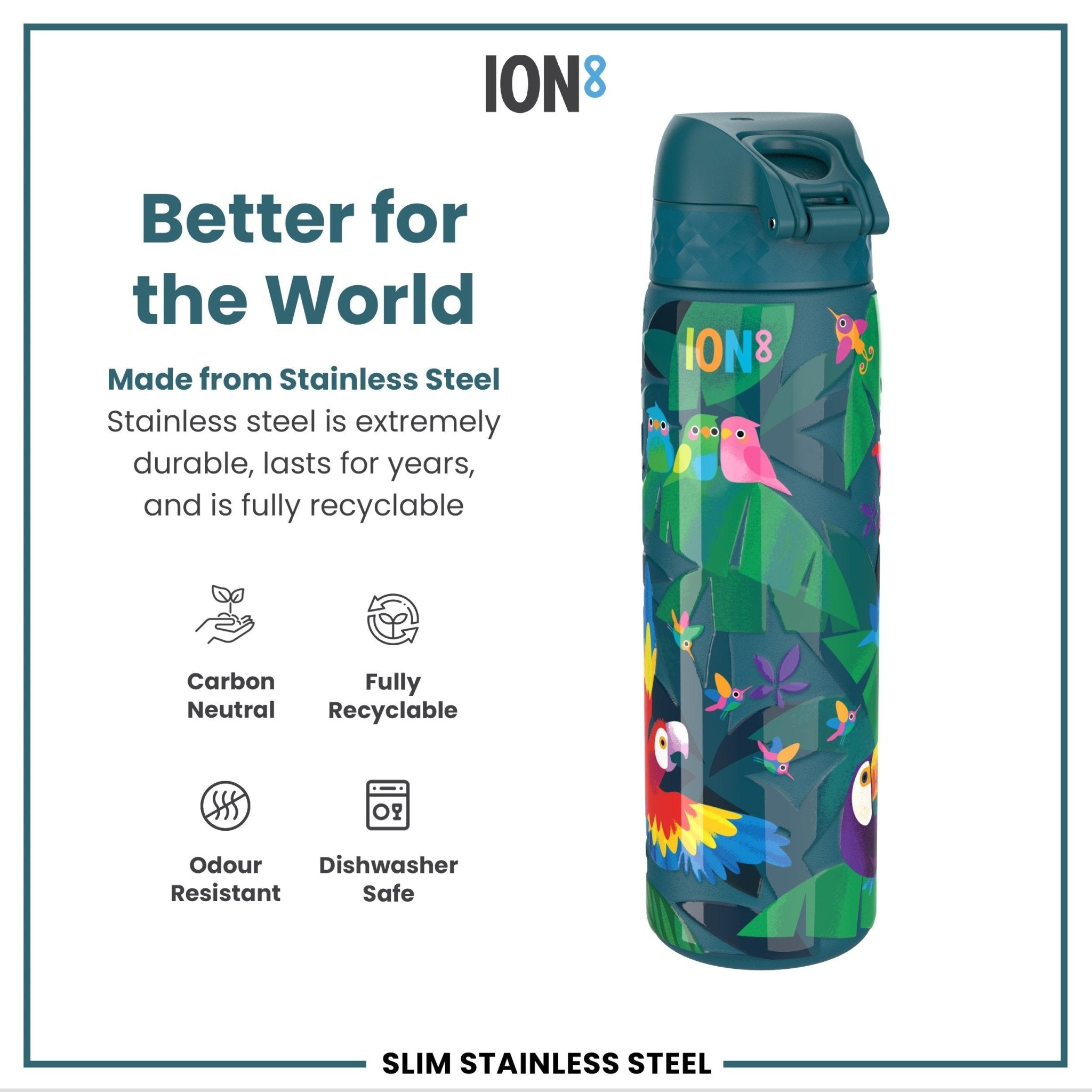 Ion8 leak-proof slim stainless steel water bottle with exotic bird design, 600ml capacity, ideal for on-the-go hydration.