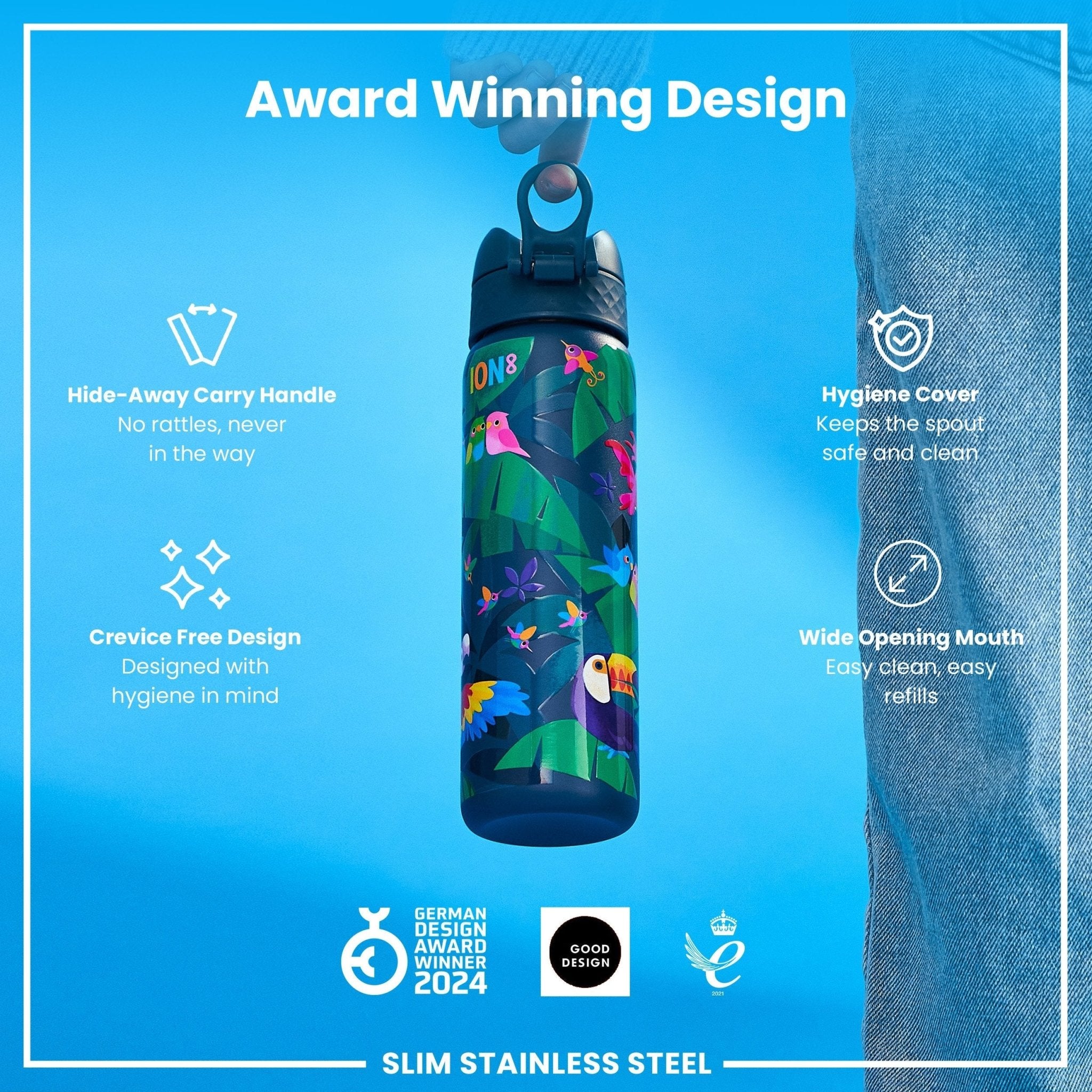 Ion8 stainless steel leak-proof slim water bottle with exotic bird design, 600ml capacity, ideal for hydration on the go.