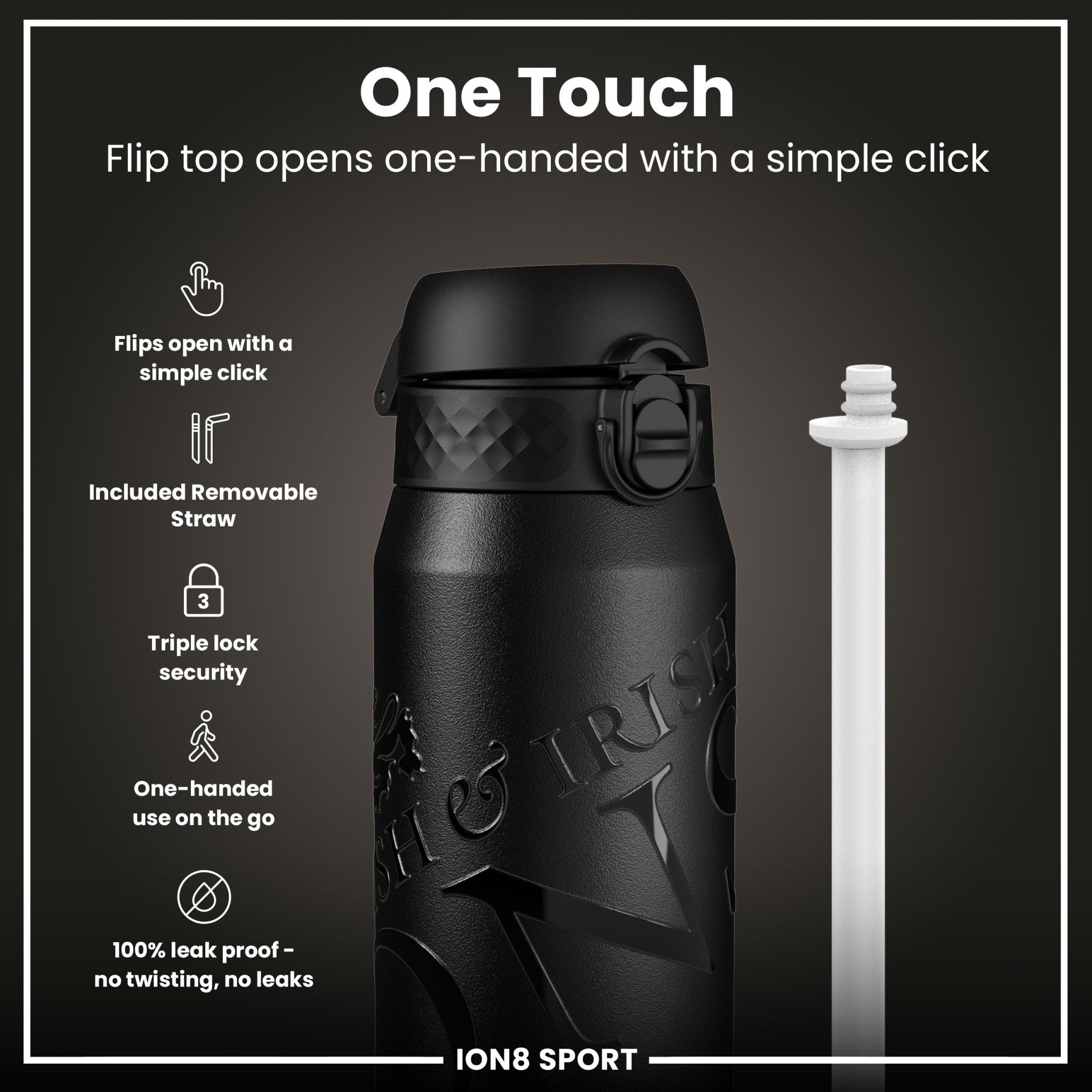 British & Irish Lions ION8 insulated steel water bottle, 750ml, durable travel bottle with lid and Lions logo, ideal for hydration.