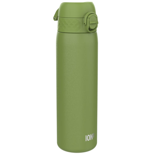 Ion8 leak-proof stainless steel water bottle in khaki green, 600ml (20oz), with a sleek slim design for on-the-go hydration.