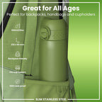Ion8 leak-proof slim stainless steel water bottle in khaki green, 600ml, with a sleek design suitable for on-the-go hydration.