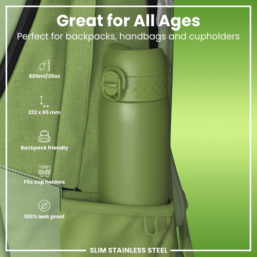 Ion8 leak-proof slim stainless steel water bottle in khaki green, 600ml (20oz), designed for durable hydration.