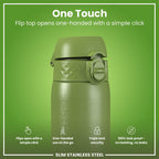 Ion8 leak-proof steel water bottle in khaki green, 600ml, slim design, durable stainless steel, ideal for on-the-go hydration.
