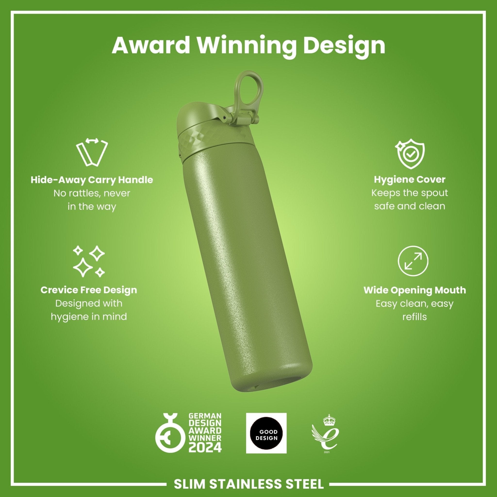 Ion8 leak-proof slim stainless steel water bottle in khaki green, 600ml (20oz), with a sleek design and secure lid.