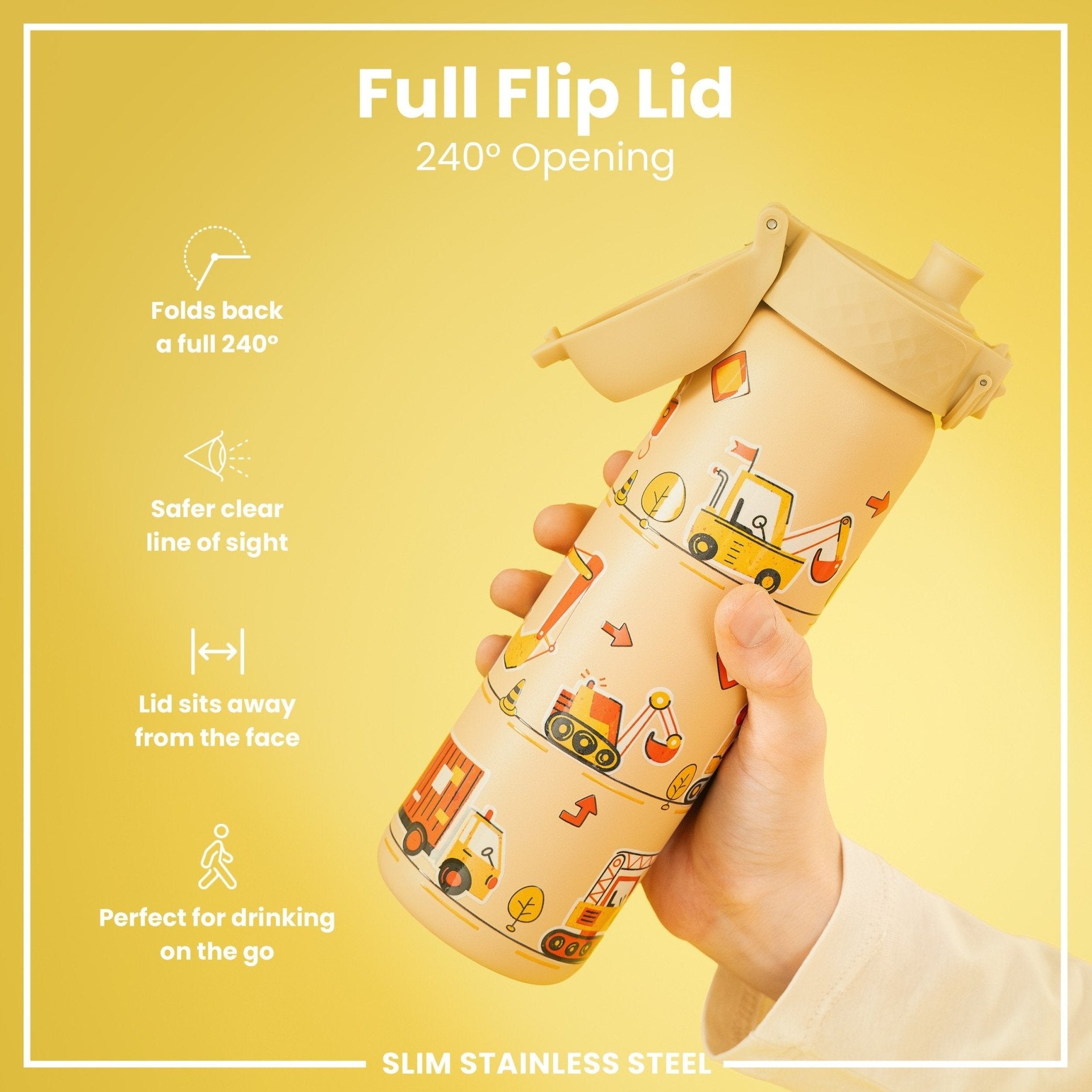 ION8 leak-proof slim stainless steel water bottle with Diggers design, 600ml (20oz) capacity, ideal for staying hydrated on the go.