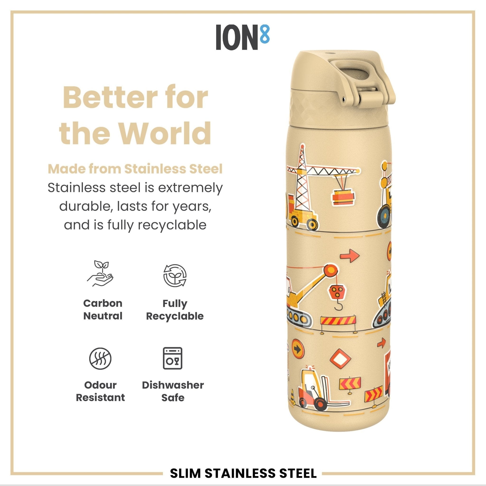Ion8 leak-proof slim stainless steel water bottle, 600ml (20oz), with a sleek design and secure lid for on-the-go hydration.