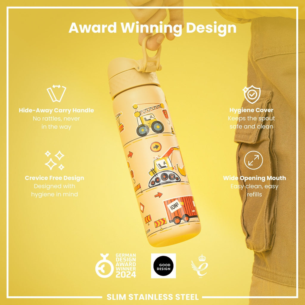 Ion8 leak-proof slim stainless steel water bottle, 600ml (20oz), with a sleek design and secure lid for portable hydration.