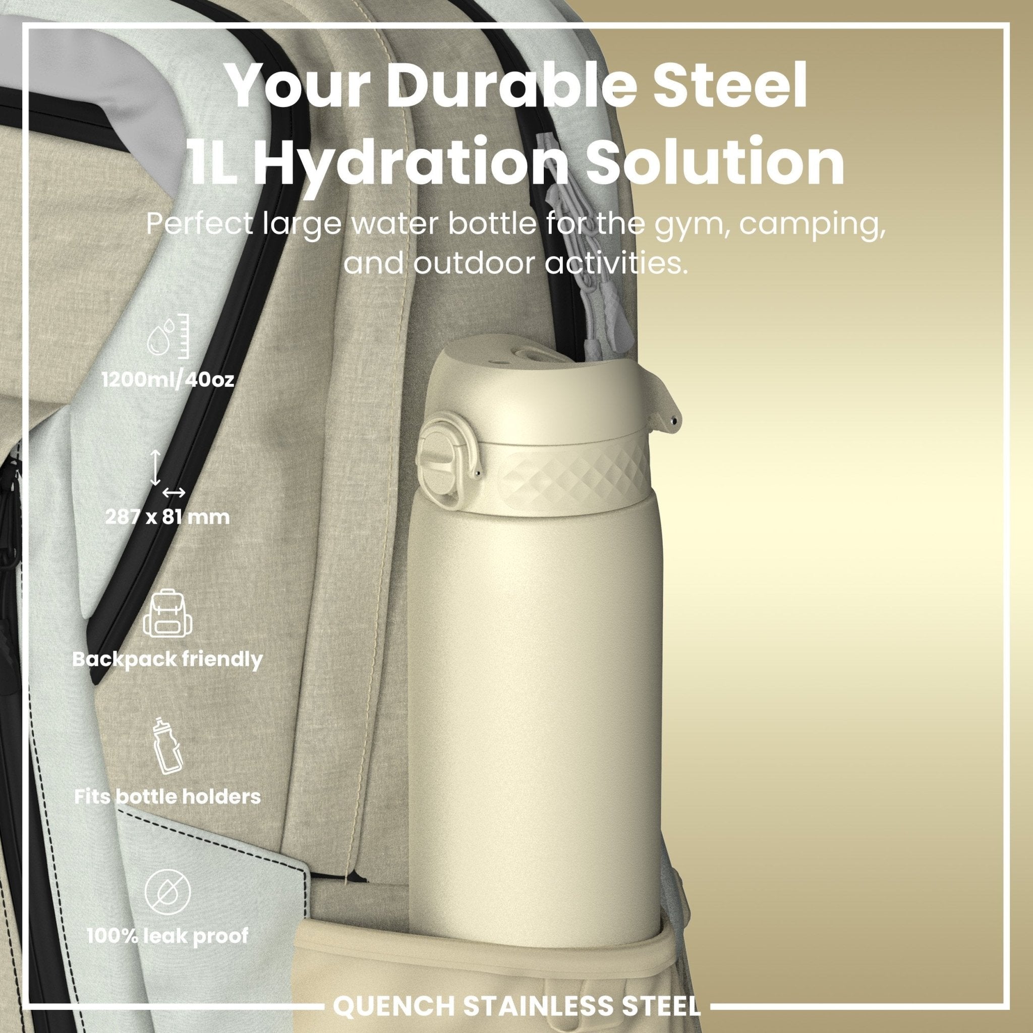 Ion8 leak-proof 1L stainless steel water bottle in creamy white, designed for durable, spill-proof hydration.