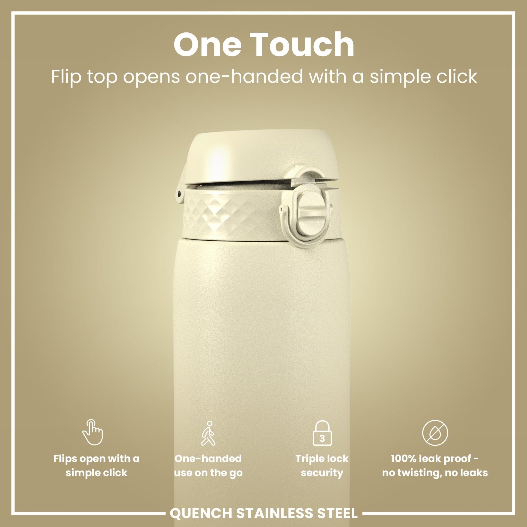 Ion8 stainless steel 1-liter water bottle in creamy white, leak-proof design with a secure lid for durable hydration.