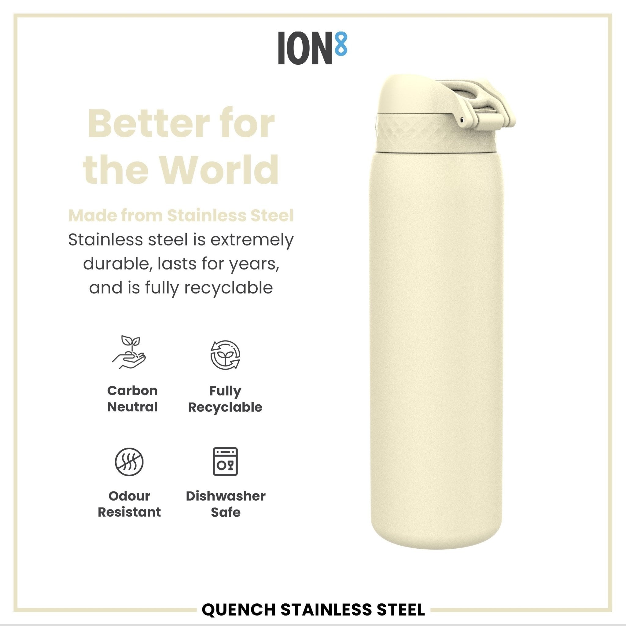 Ion8 stainless steel 1L water bottle in creamy white, leak-proof design, durable and portable for everyday hydration.