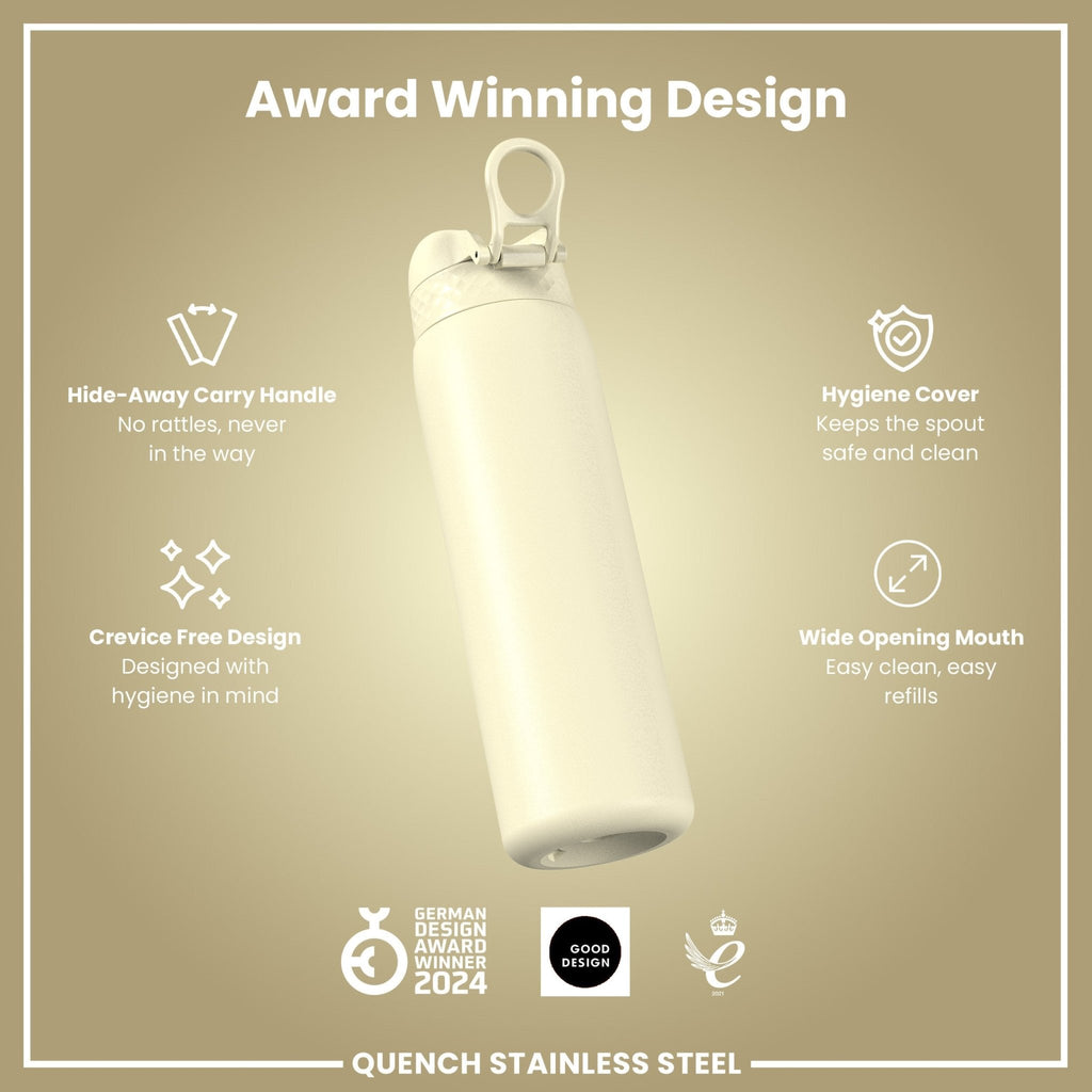 Ion8 stainless steel leak-proof 1L water bottle in creamy white, durable and portable for everyday hydration.
