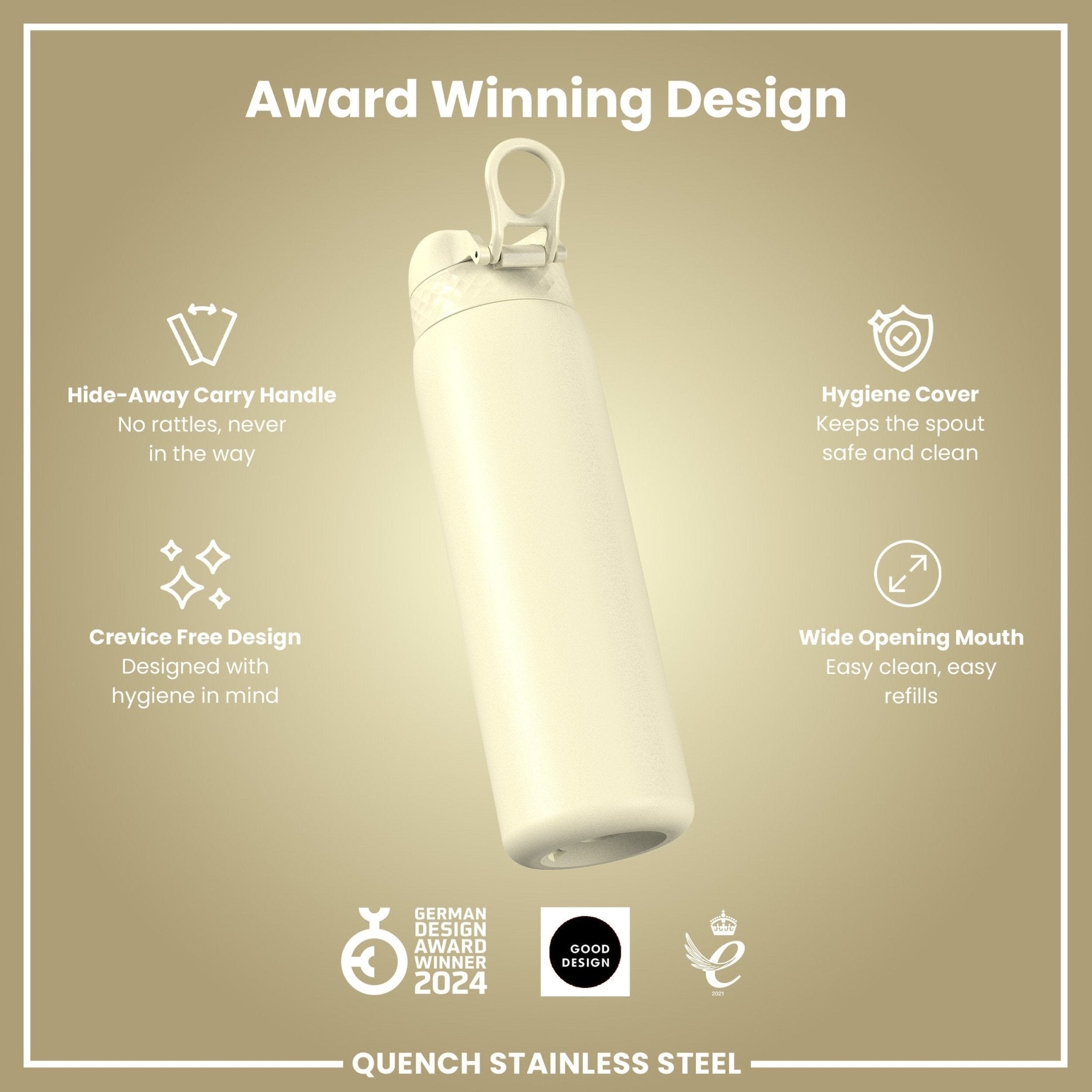 Ion8 stainless steel leak-proof 1L water bottle in creamy white, durable and portable for everyday hydration.