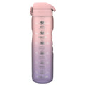 Ion8 Leak Proof 1L Recyclon water bottle in purple and rose with time markers for drinking reminders.
