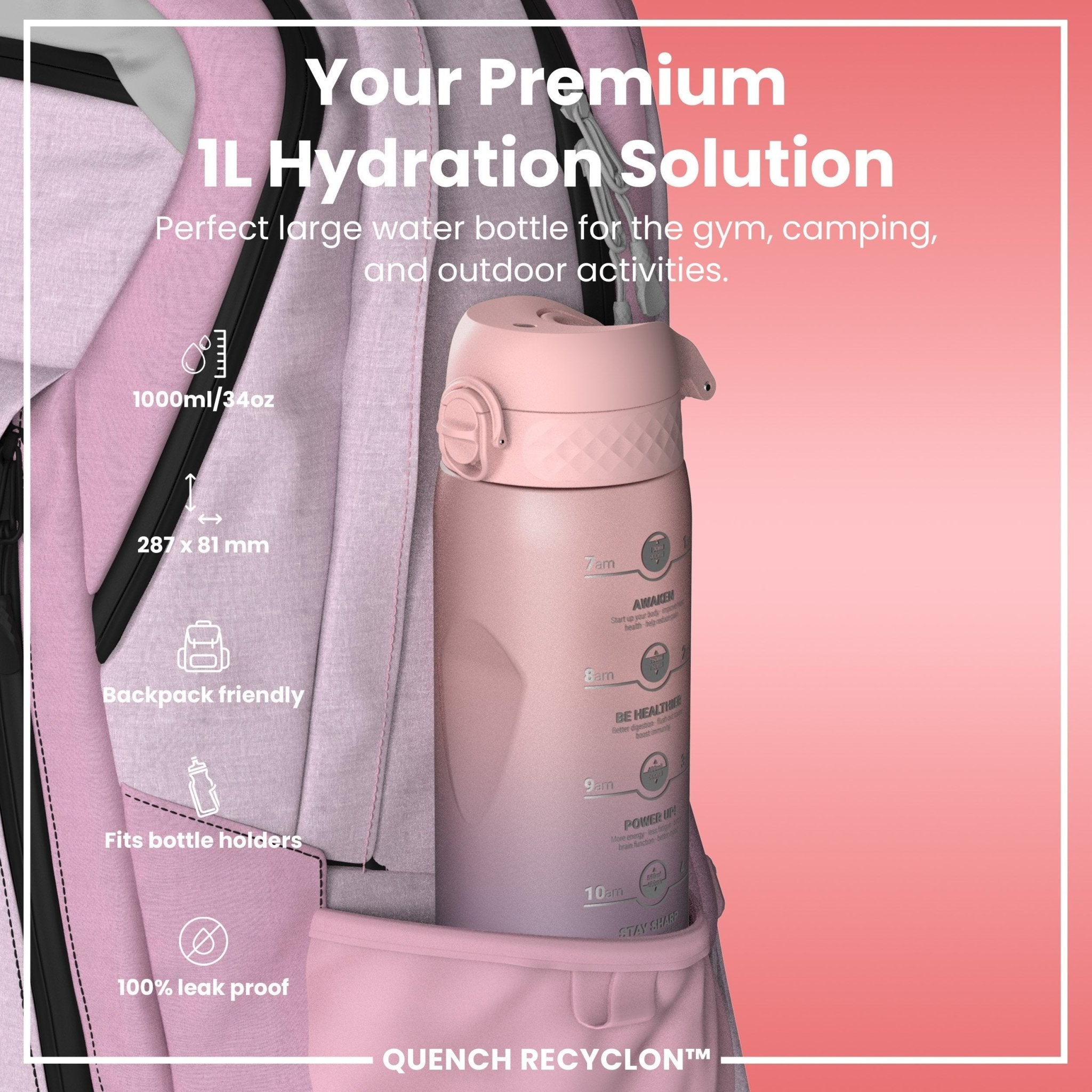 Ion8 Recyclon 1L leak-proof water bottle with time markers, purple and rose, designed for easy hydration on the go.