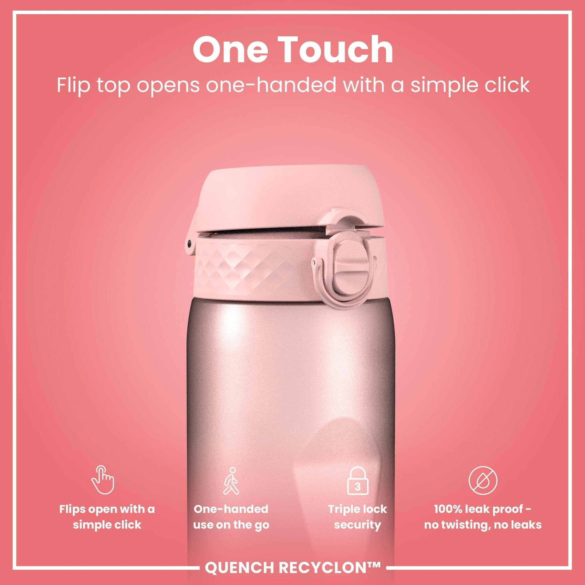 Ion8 Recyclon 1L leak-proof water bottle with time markers, purple and rose, designed for easy hydration on the go.