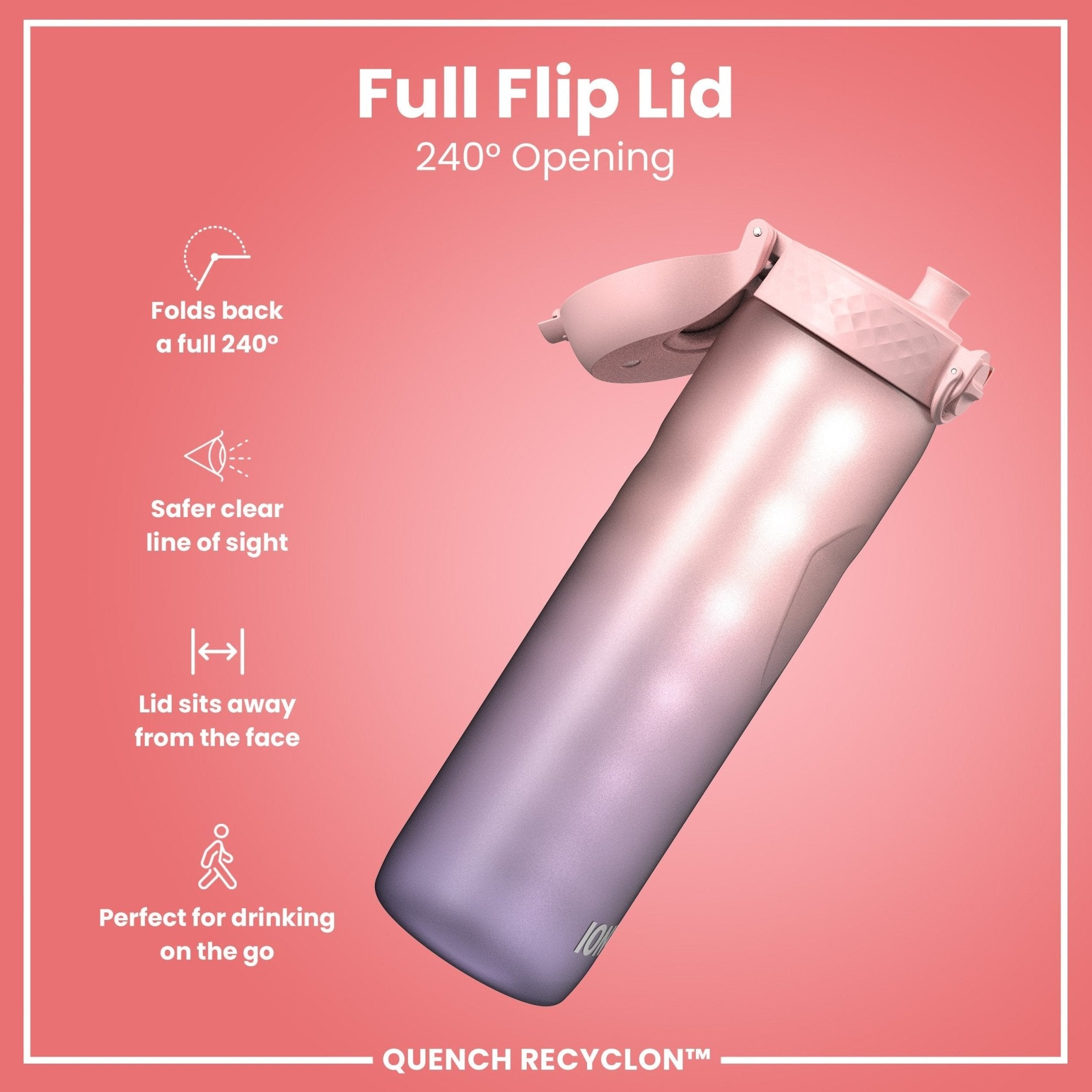 Purple ION8 Recyclon 1L water bottle with time markers, leak-proof design, ideal for staying hydrated on the go.