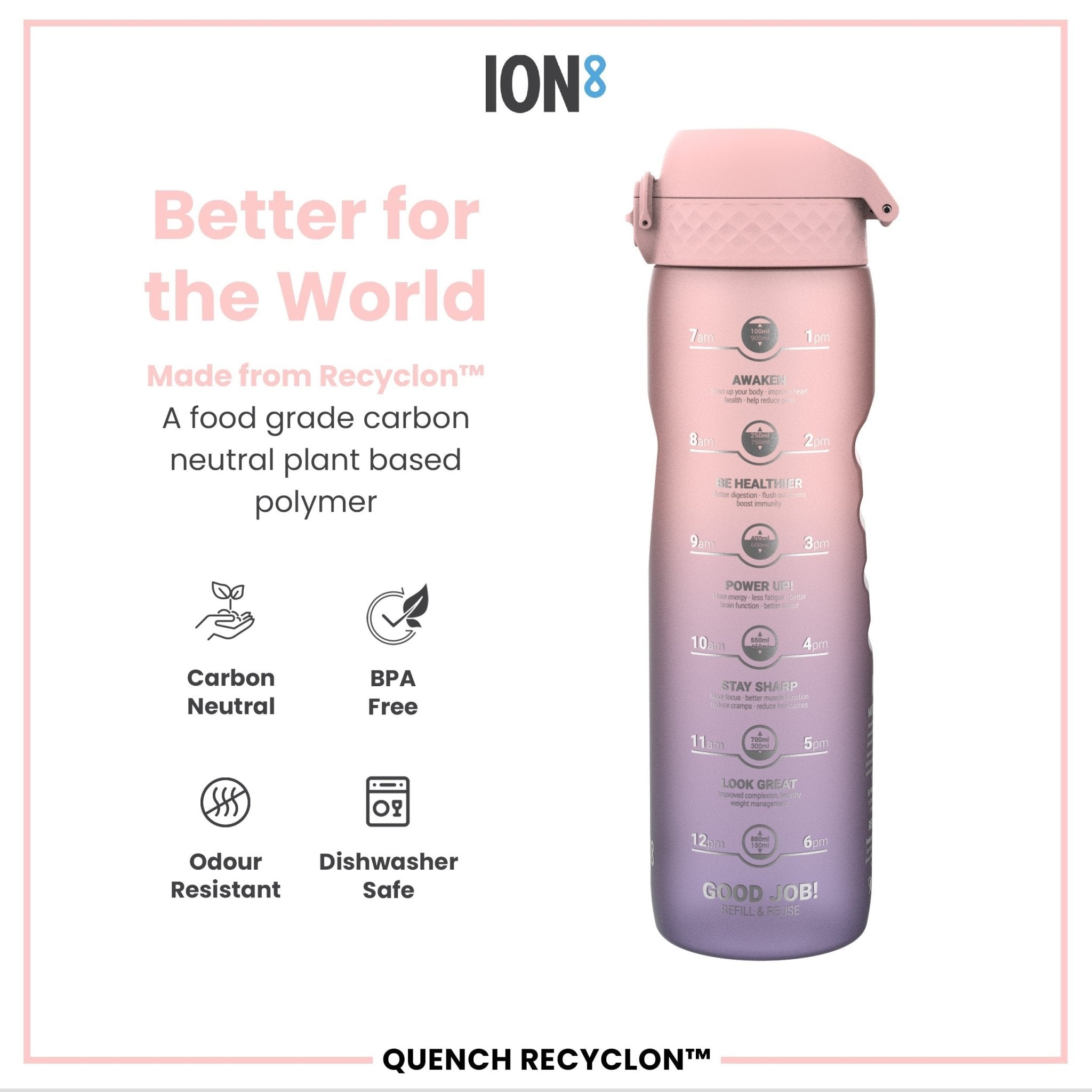 ION8 Recyclon leak-proof 1L water bottle with time markers in purple and rose, made for easy hydration tracking and recyclable use.