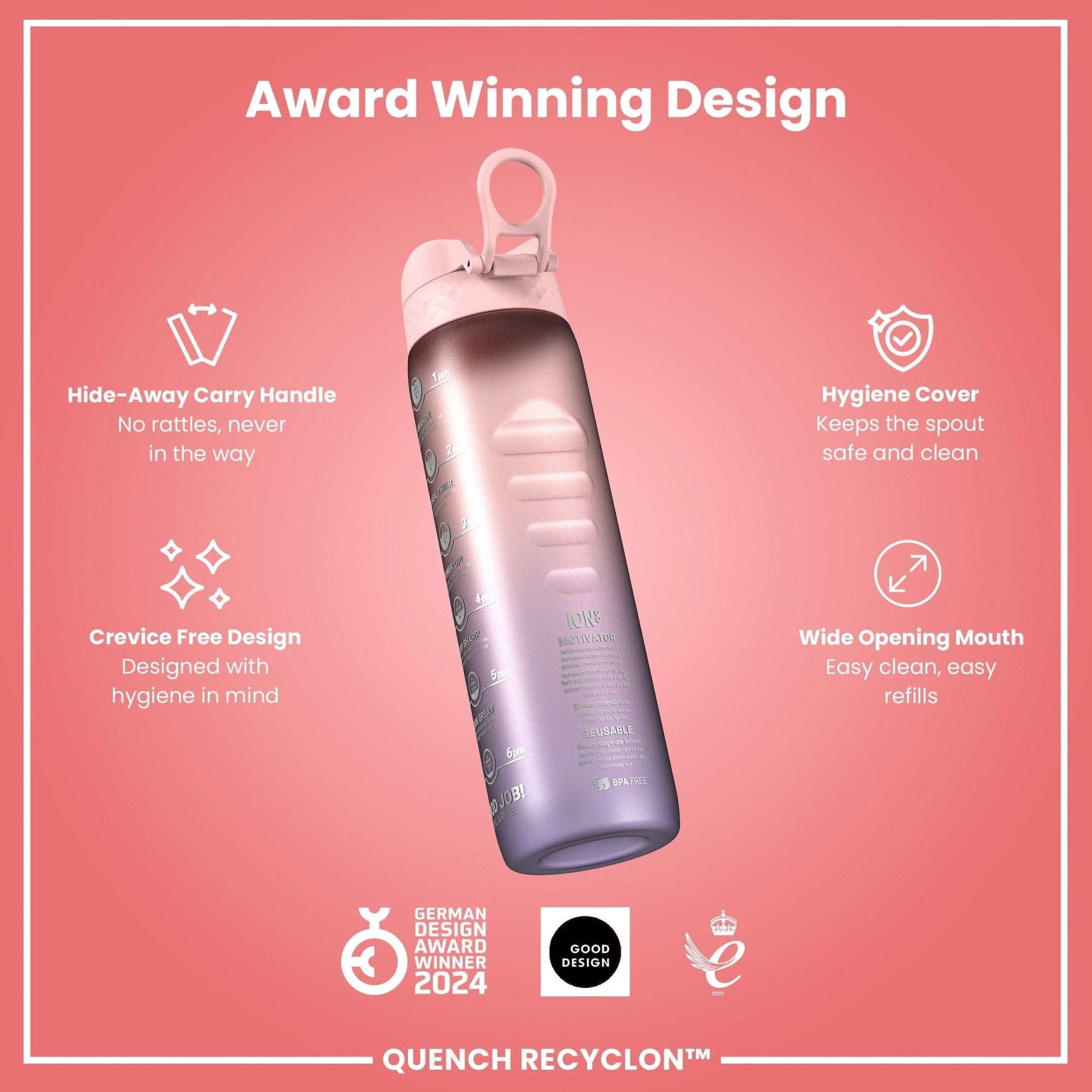 ION8 Recyclon 1L leak-proof water bottle in purple and rose with drink time markings, made for easy hydration.