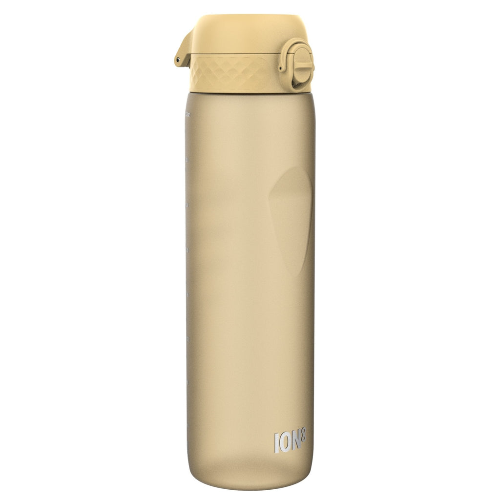 Ion8 Recyclon 1L leak-proof water bottle in desert color, durable plastic design with secure lid for outdoor hydration.