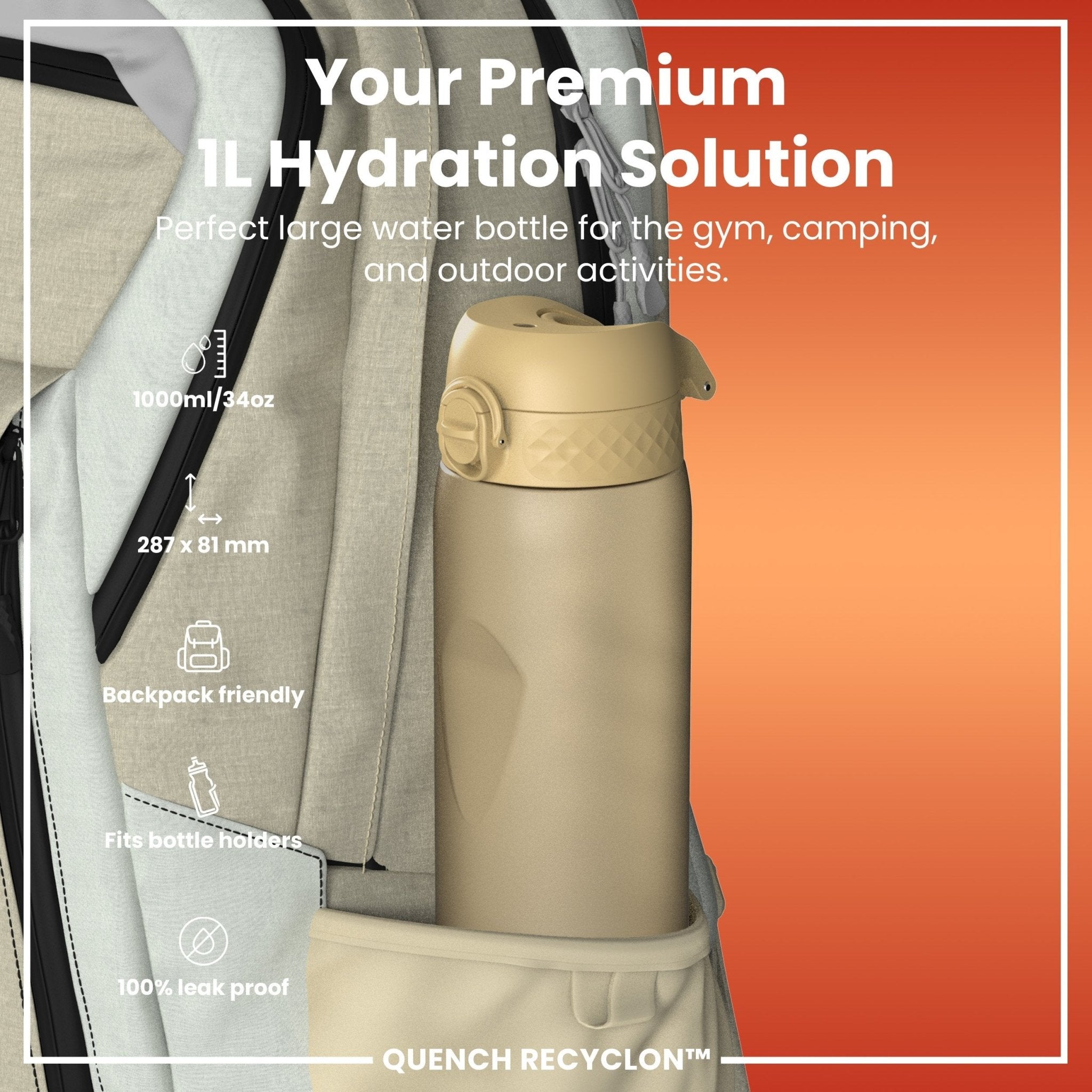 Recyclon ION8 1-liter leak-proof water bottle in desert color, made of durable, recyclable material, with a secure lid.