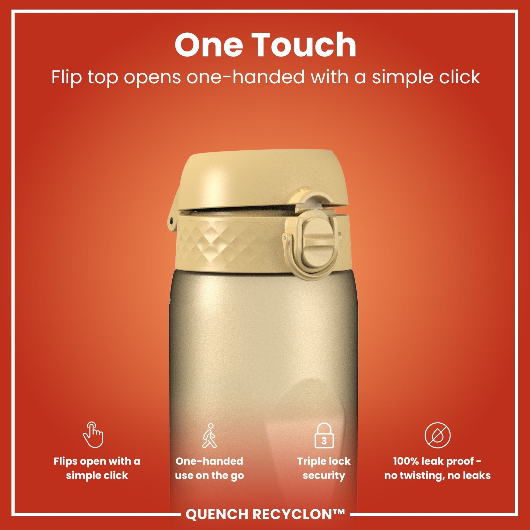ION8 Recyclon 1L leak-proof water bottle in desert color, durable and reusable for outdoor hydration.