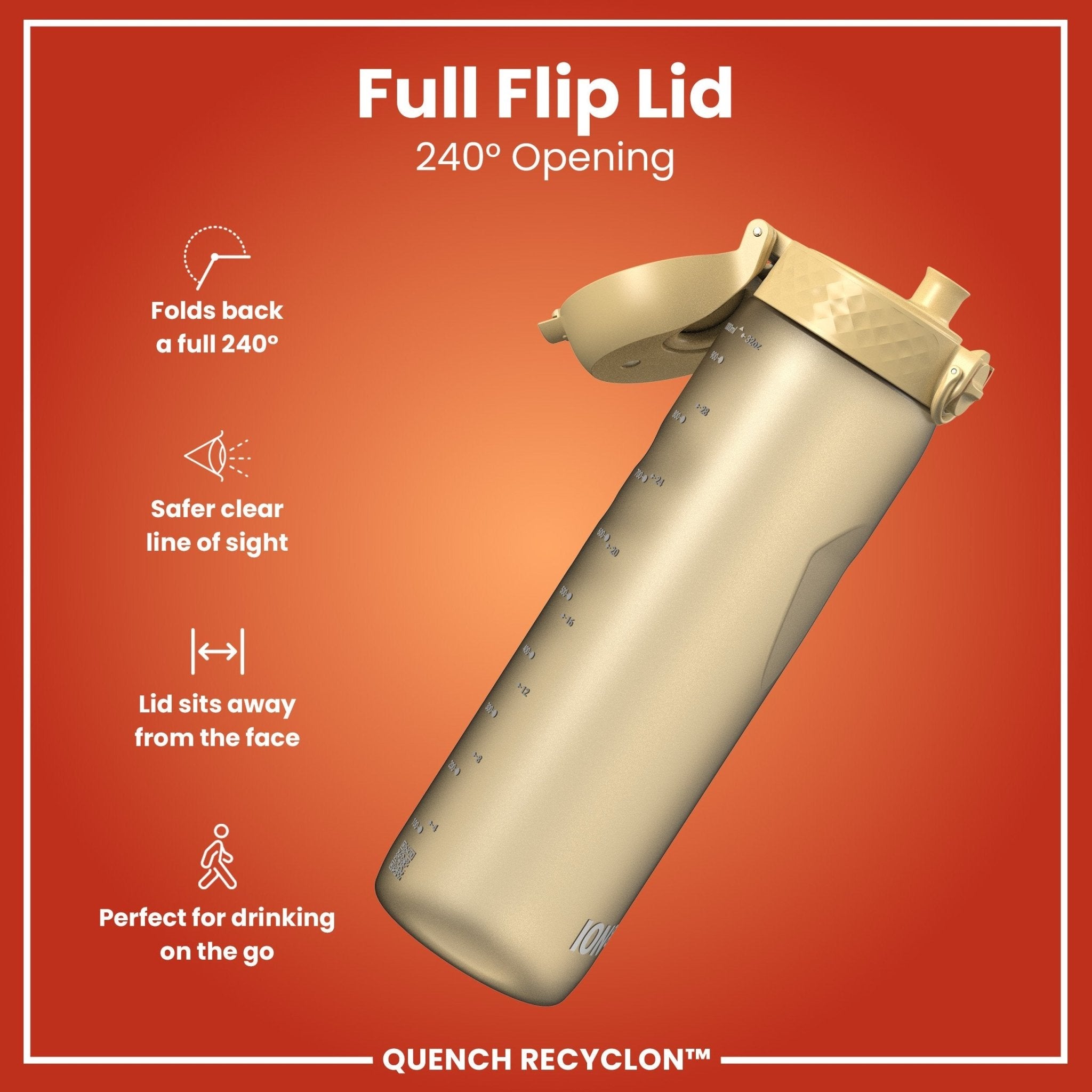 Ion8 Recyclon leak-proof 1L water bottle in desert color, durable and eco-friendly for outdoor hydration.