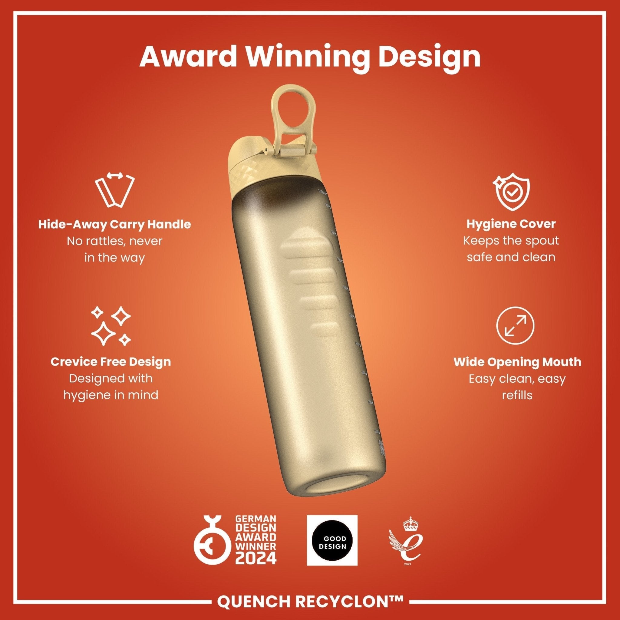 ION8 Recyclon 1L leak-proof desert-colored water bottle, durable and recyclable, shown with cap and sleek design.