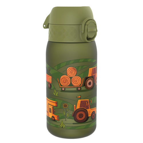 ION8 Leak Proof Kids Water Bottle with Recyclon design, 350ml capacity, featuring farming machines illustration.