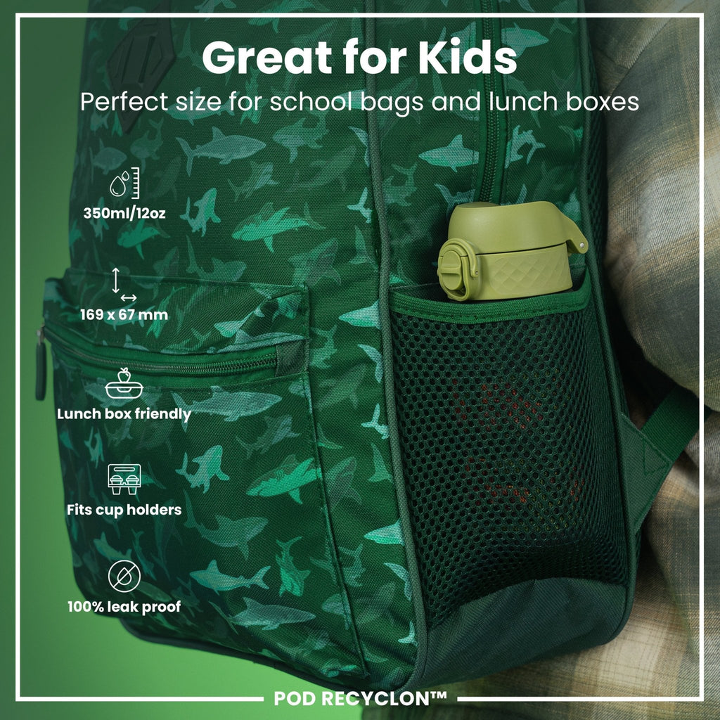 Child's leak-proof Recyclon water bottle by ION8 with farming machine design, 350ml capacity, suitable for kids.
