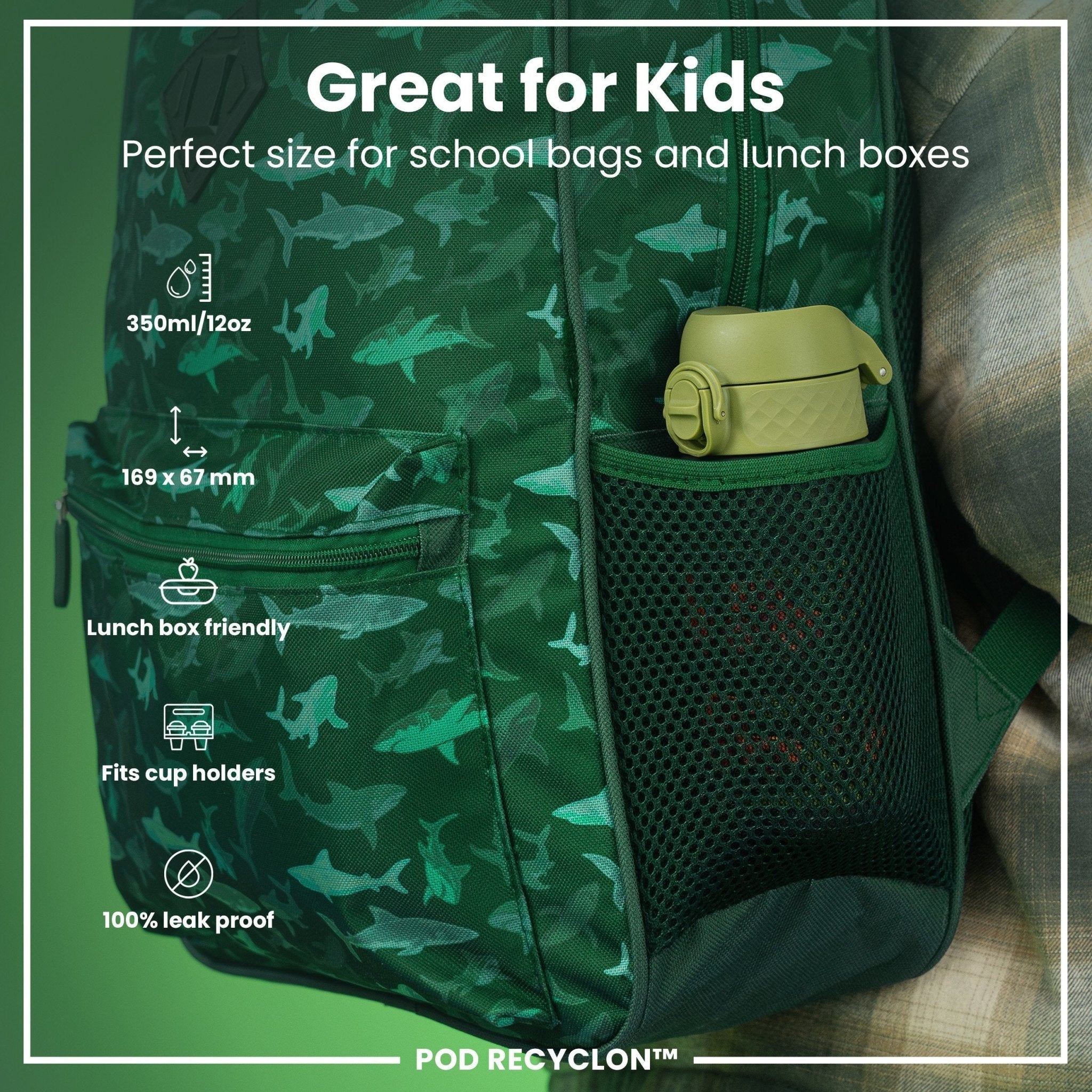 Child's leak-proof Recyclon water bottle by ION8 with farming machine design, 350ml capacity, suitable for kids.