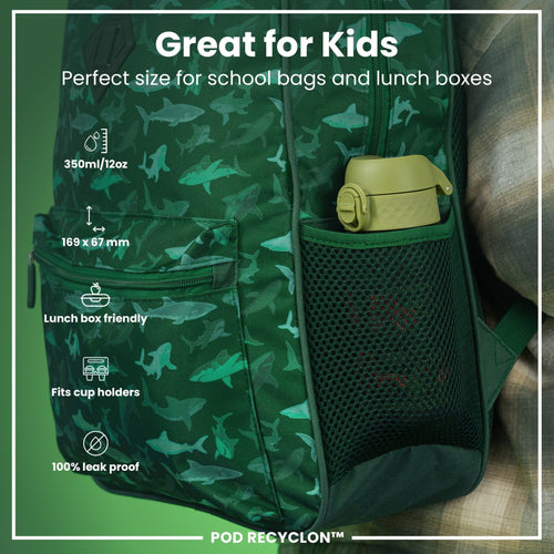 Child's leak-proof Recyclon water bottle by ION8 with farming machine design, 350ml capacity, suitable for kids.