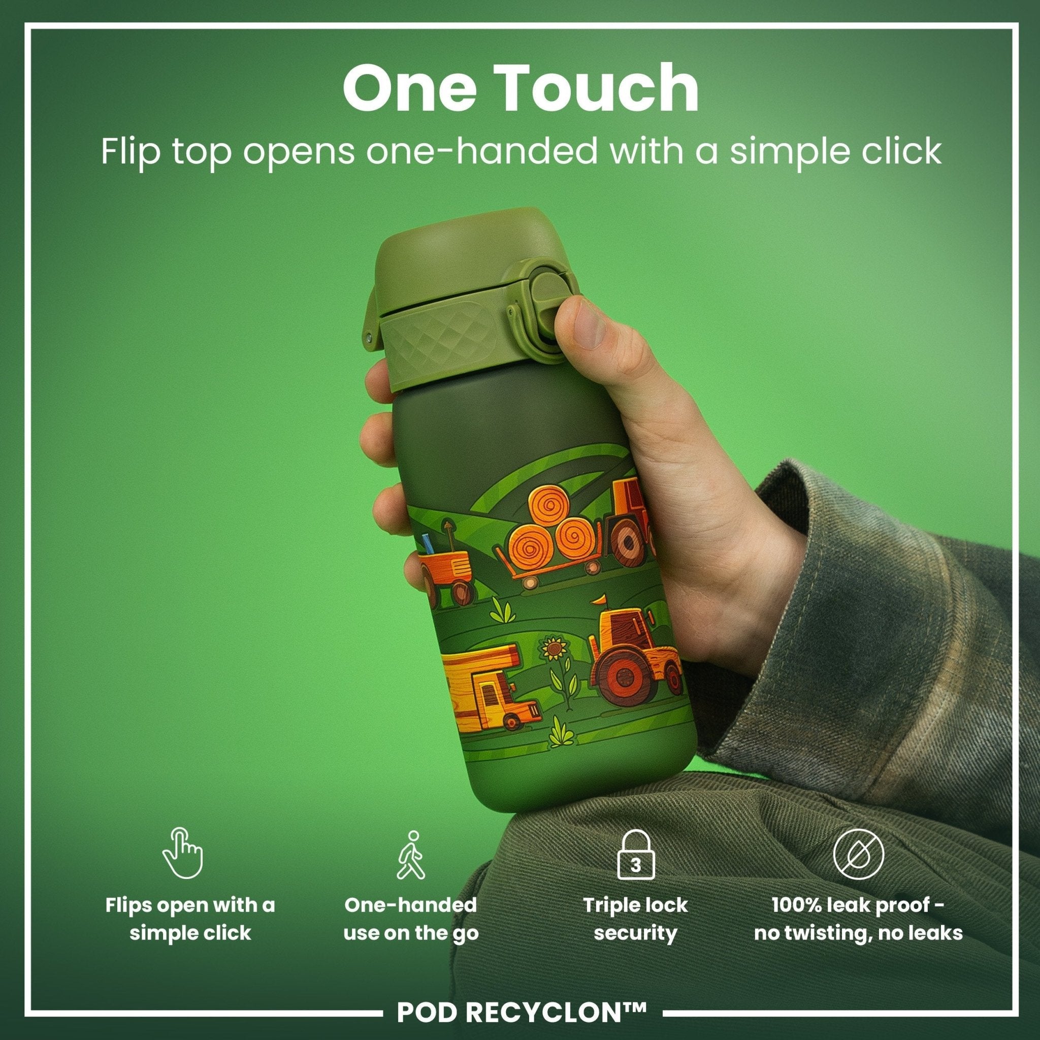 ION8 Recyclon leak-proof kids water bottle with farming machine design, 350ml capacity, made from recyclable materials.