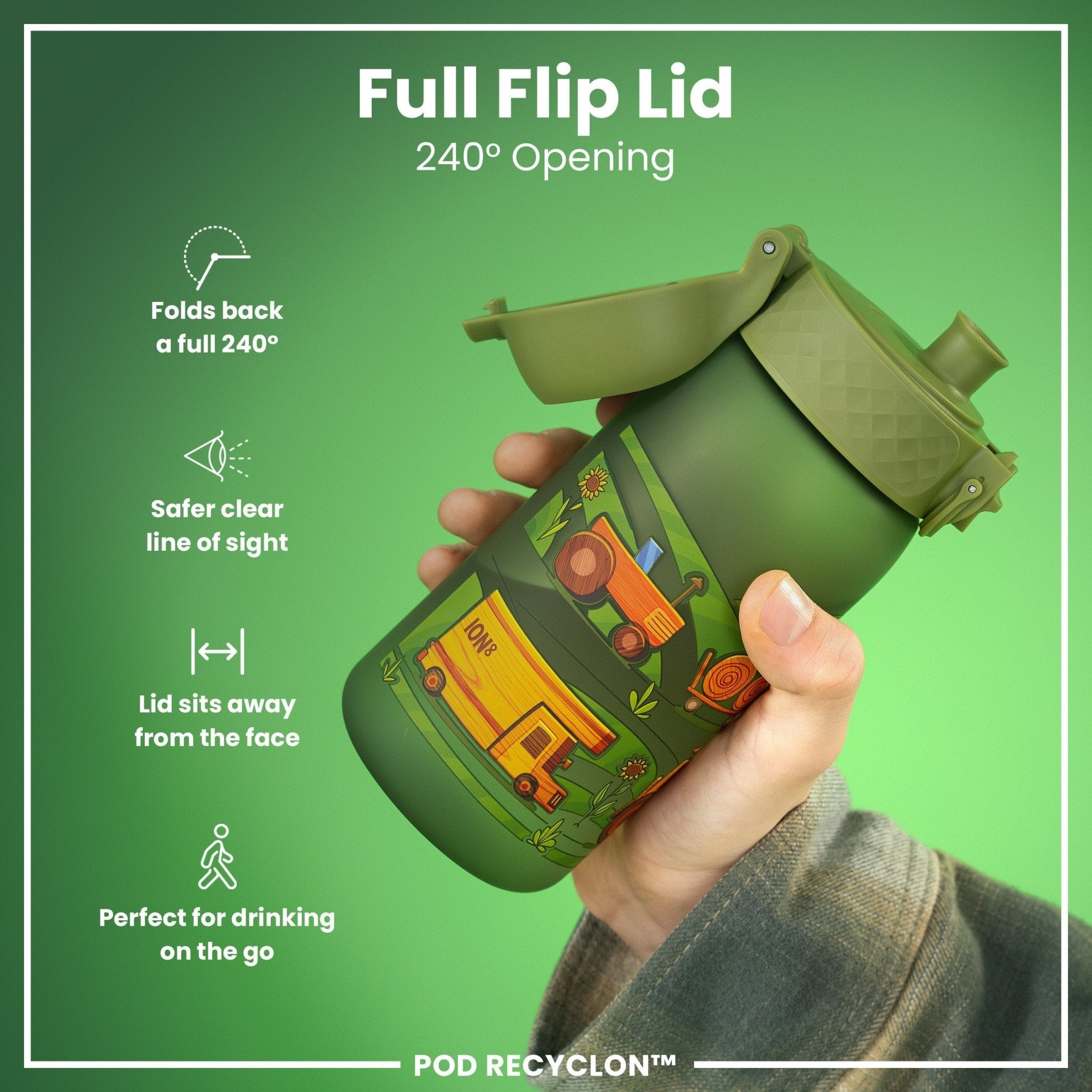 ION8 Recyclon leak-proof kids water bottle with farming machines design, 350ml, durable and eco-friendly for children.