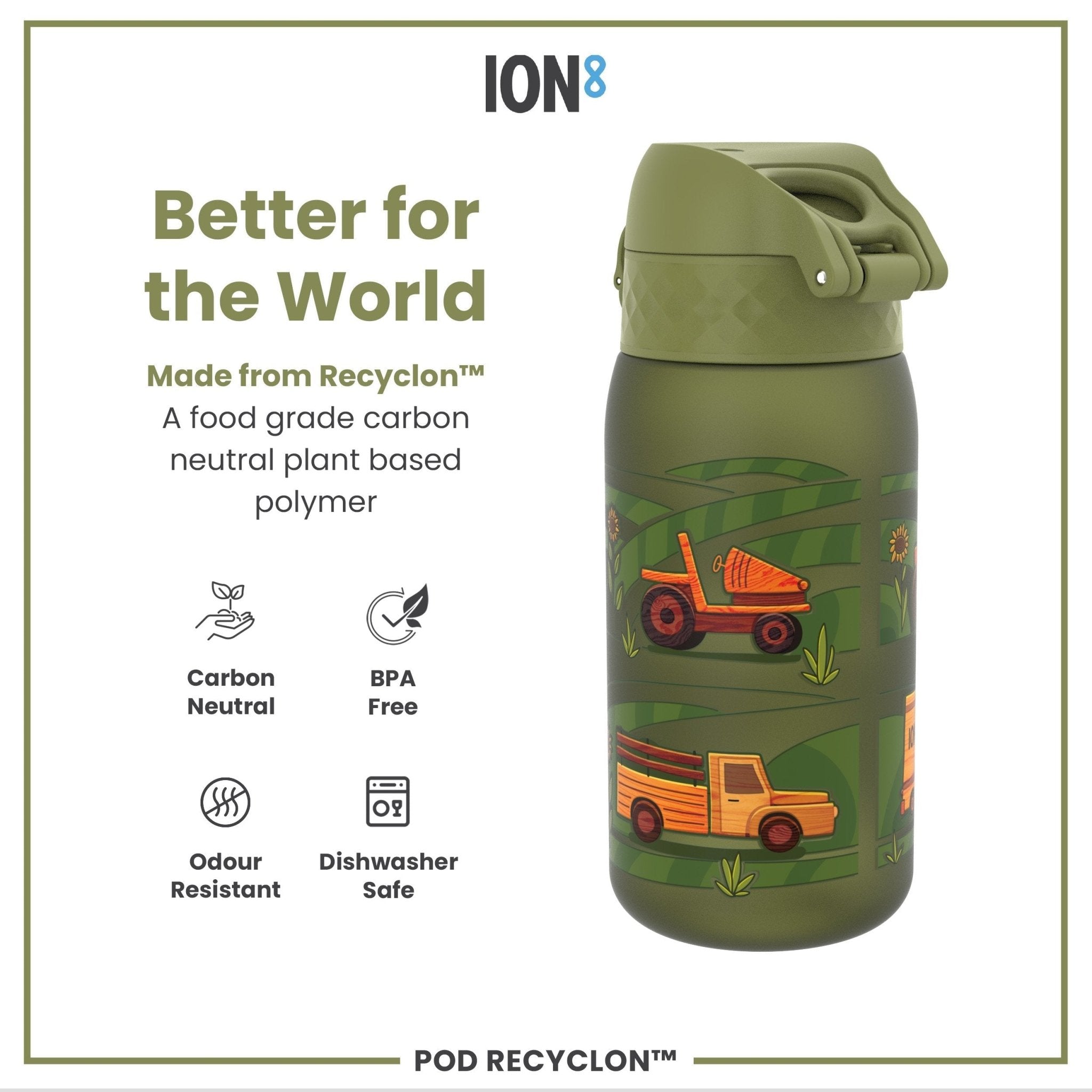ION8 Recyclon leak-proof kids water bottle with farming machines design, 350ml (12oz) reusable water bottle.