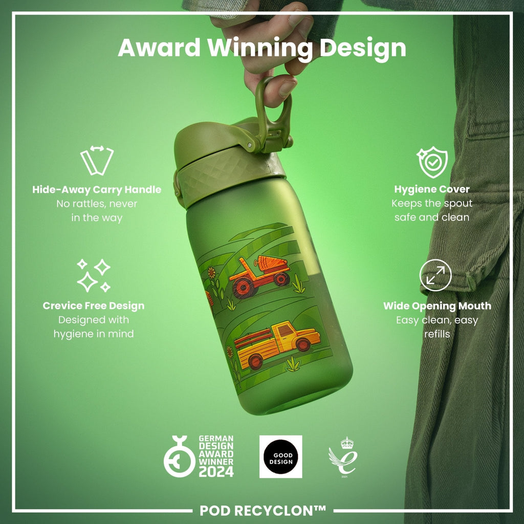 Ion8 leak-proof kids water bottle in 350ml Recyclon material, featuring colorful farming machine design for children