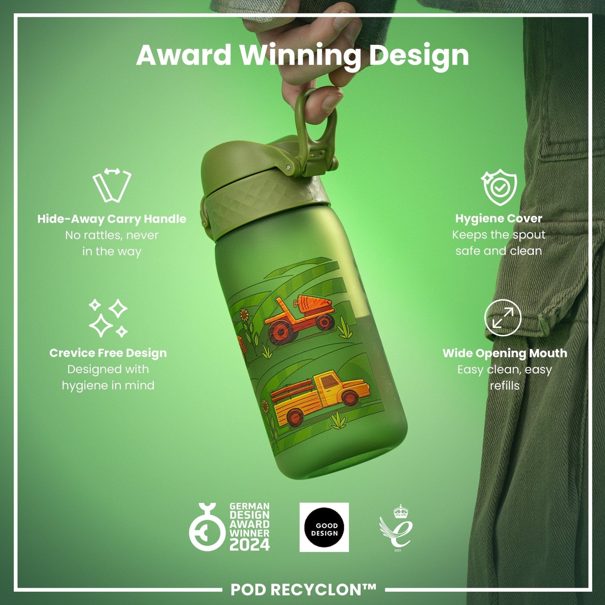 Ion8 leak-proof kids water bottle in 350ml Recyclon material, featuring colorful farming machine design for children
