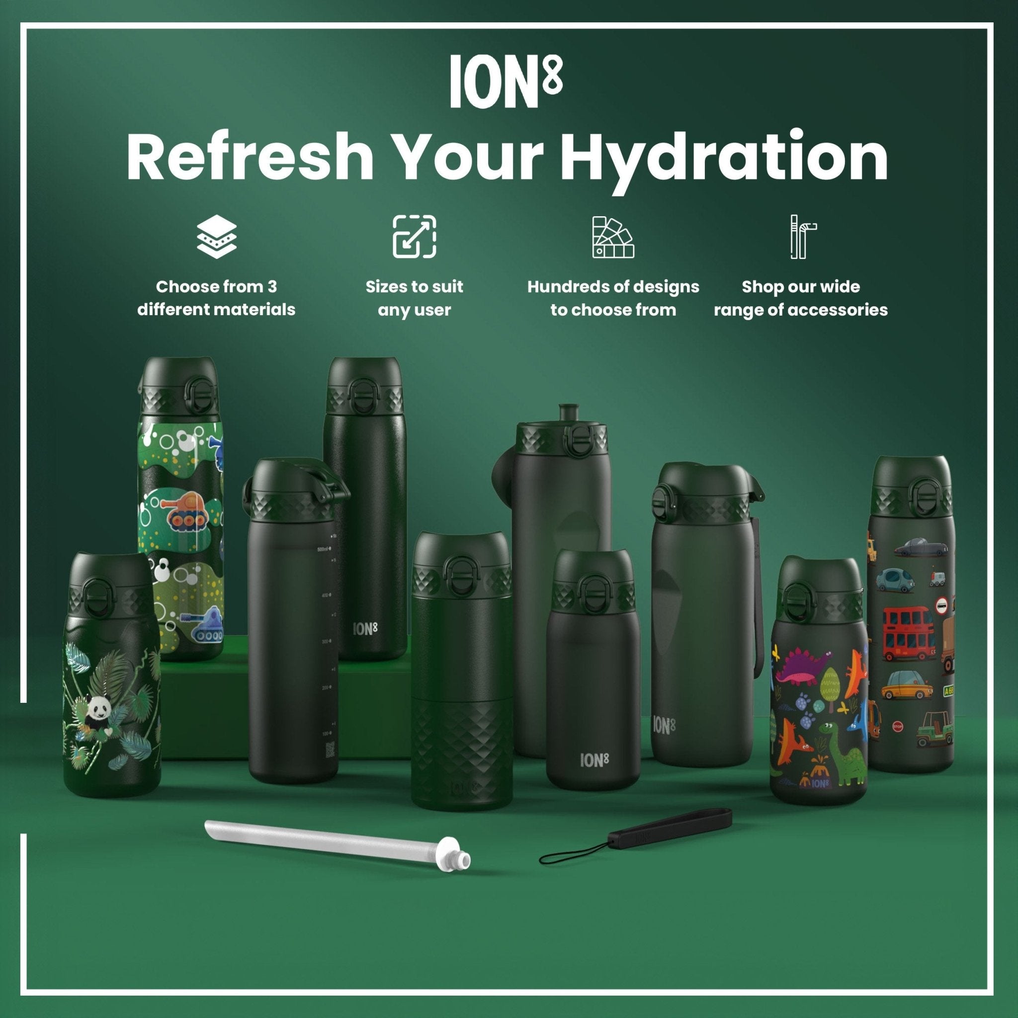 Ion8 Leak Proof Kids Water Bottle with Recyclon design, featuring farming machines, 350ml capacity, durable and eco-friendly.