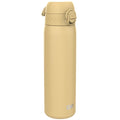 Ion8 stainless steel leak-proof slim water bottle in desert color, 600ml (20oz), showcasing its sleek design and secure lid.