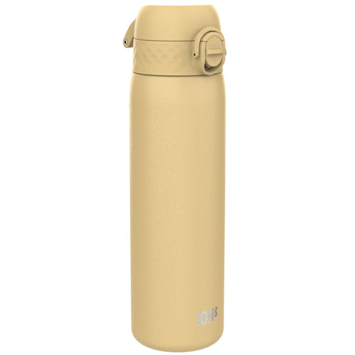 Ion8 stainless steel leak-proof slim water bottle in desert color, 600ml (20oz), showcasing its sleek design and secure lid.