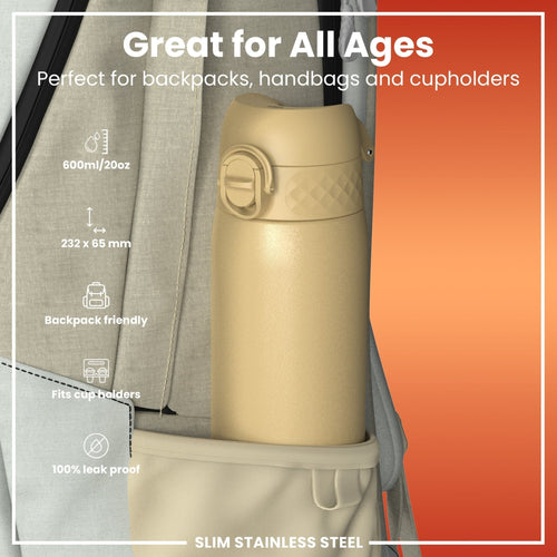 ION8 leak-proof slim stainless steel water bottle in desert color, 600ml (20oz), with a sleek design and secure lid.