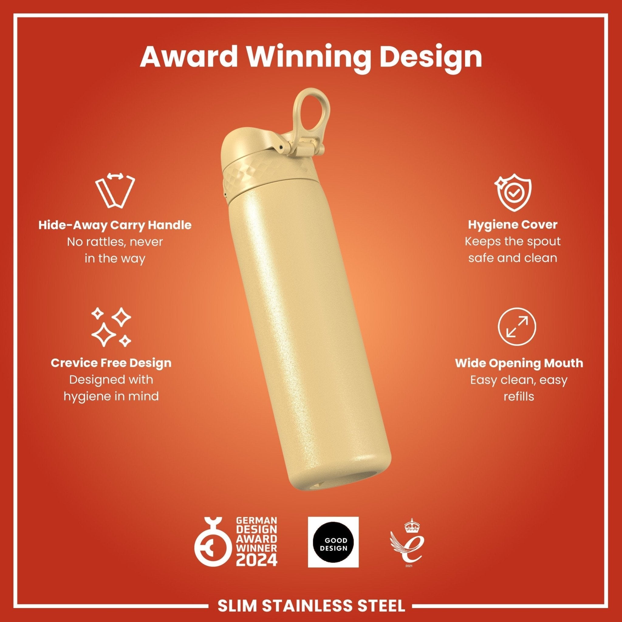 ION8 Leak Proof Slim Water Bottle in desert color, 600ml stainless steel design with secure lid, ideal for staying hydrated on the go.