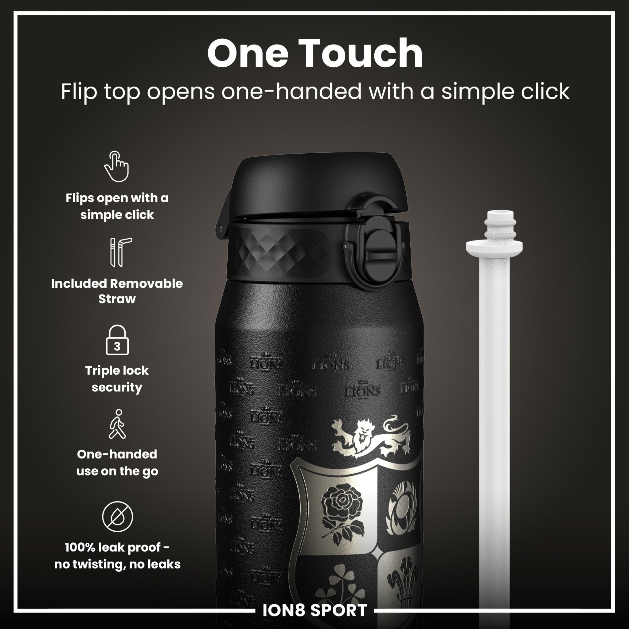 British & Irish Lions Lions X ION8 insulated steel water bottle, 750ml, with Lions branding and stainless steel construction