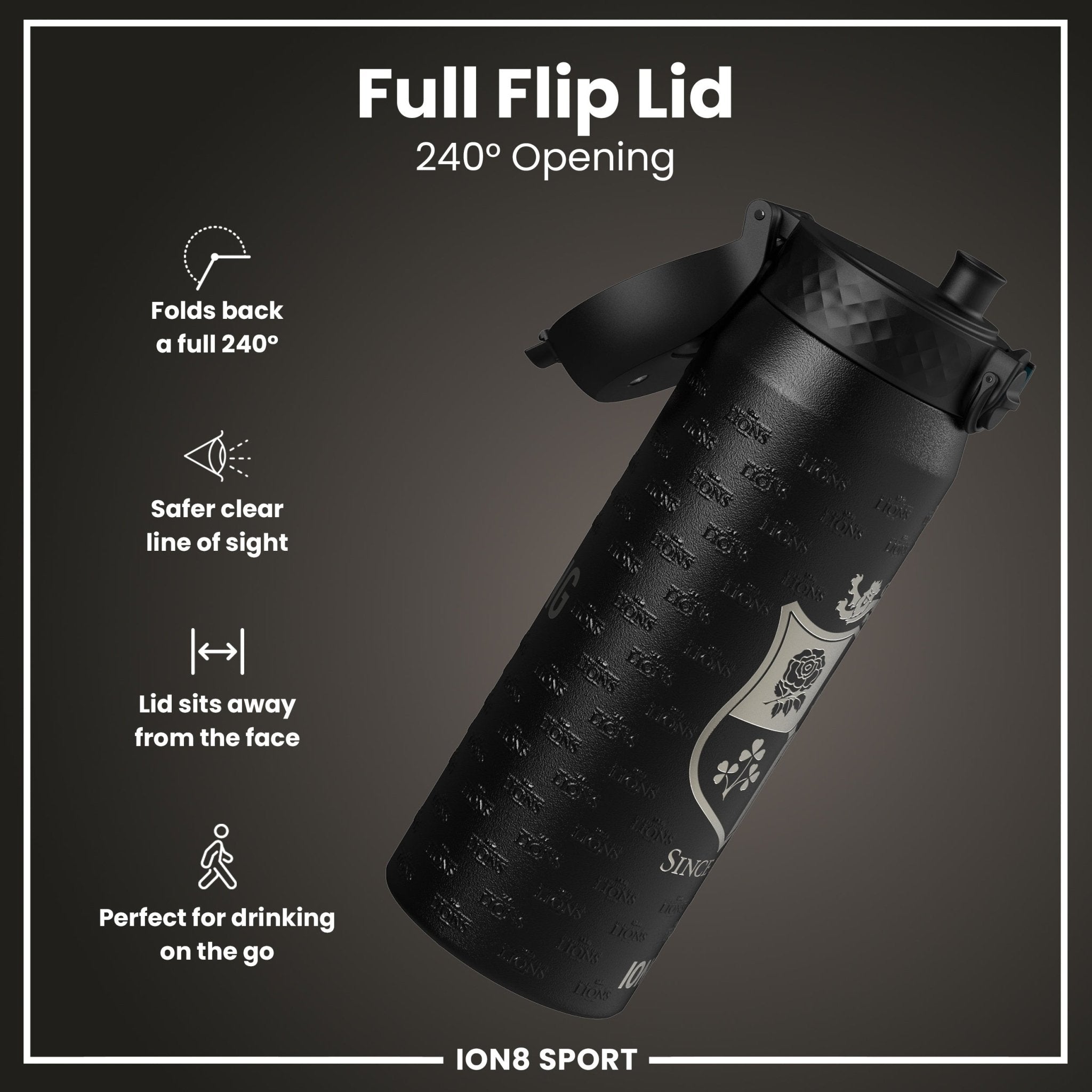 British & Irish Lions ION8 insulated steel water bottle, 750ml, featuring Lions branding and durable design for hot and cold drinks.