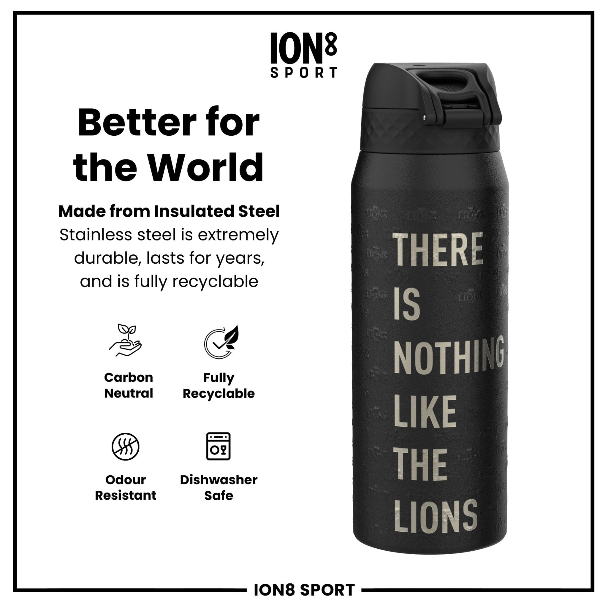 British & Irish Lions ION8 insulated steel water bottle, 750ml, with Lions logo and durable design for hot or cold drinks.