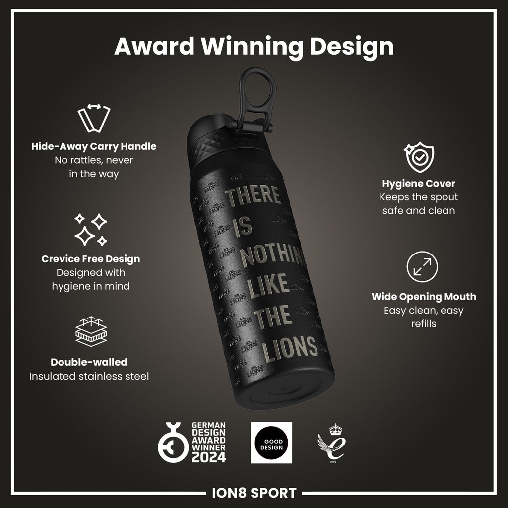ION8 insulated steel water bottle featuring British & Irish Lions logo, 750ml capacity, with a sleek design and durable construction.