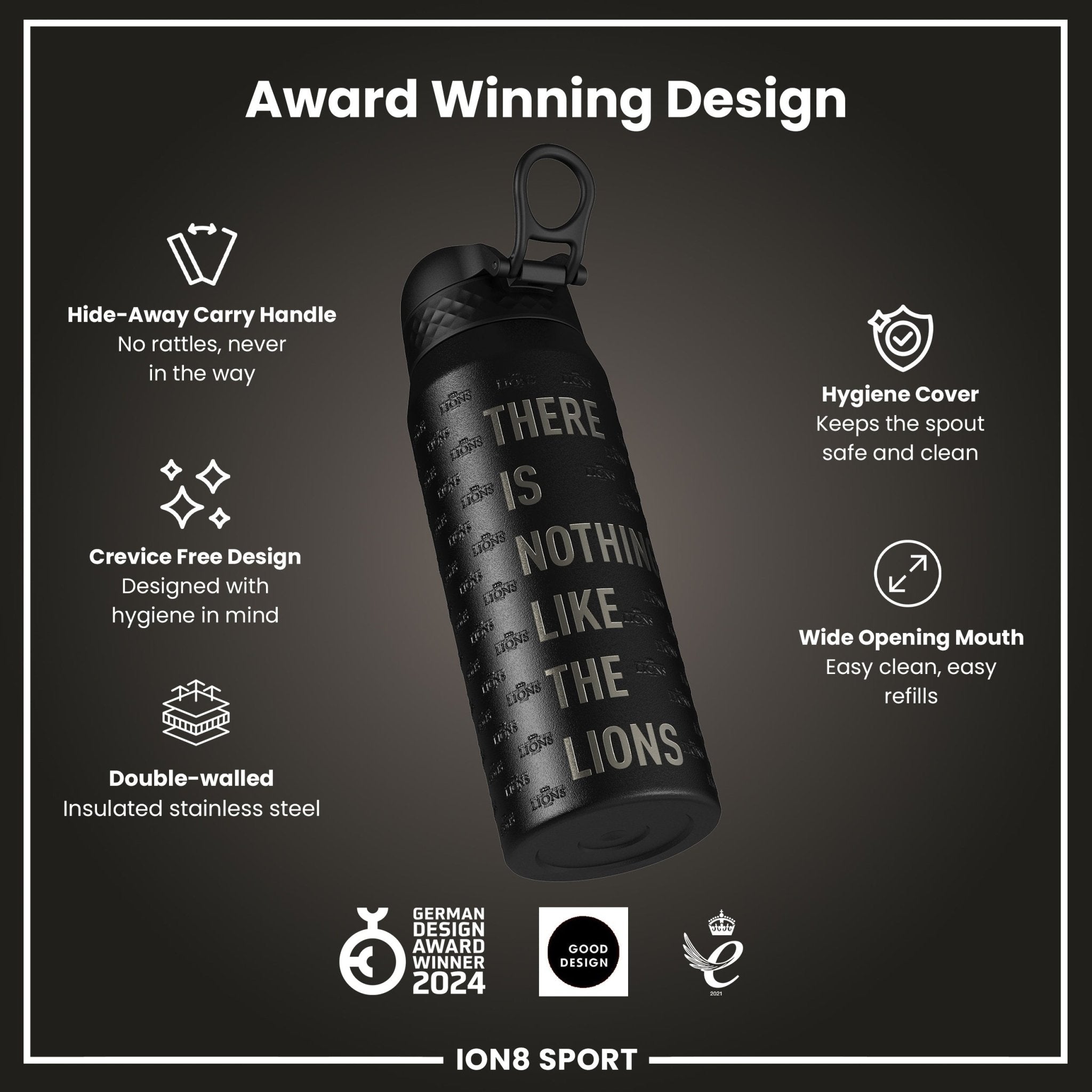 ION8 insulated steel water bottle featuring British & Irish Lions logo, 750ml capacity, with a sleek design and durable construction.
