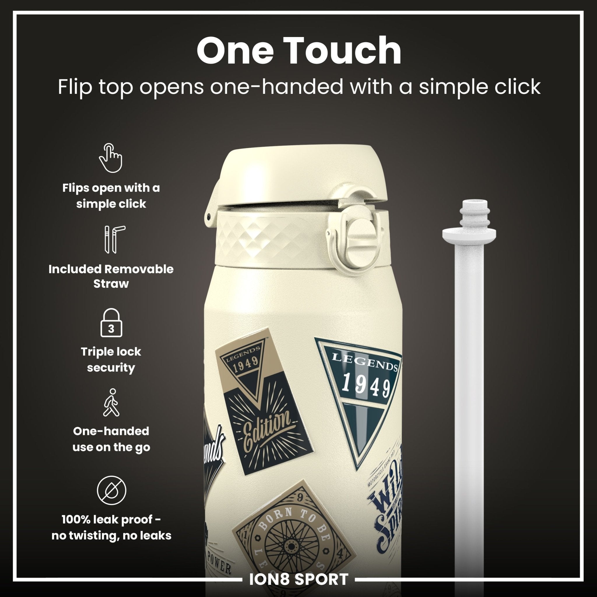 Ion8 MotoGP Insulated Steel Water Bottle, 750ml, featuring MotoGP Classic Legends design, with a sleek stainless steel finish.