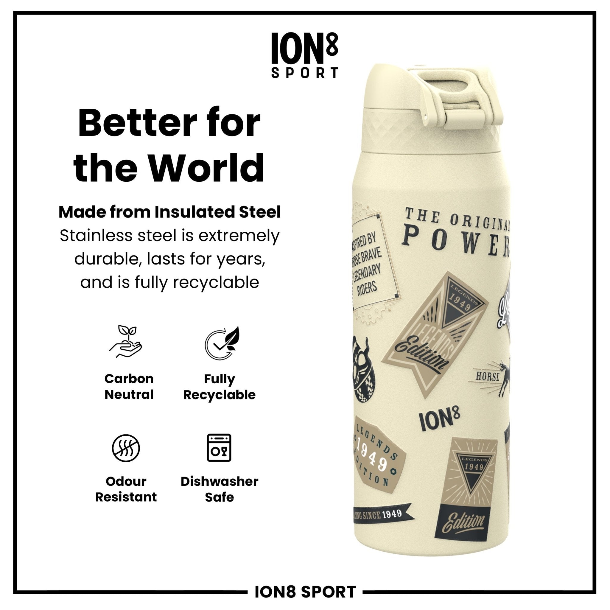 ION8 MotoGP insulated steel water bottle with classic legends design, 750ml capacity, stainless steel, and leak-proof lid.